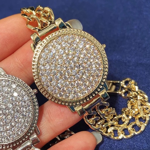 NEW 18K RHINESTONES DOUBLE WATCH CHAIN STRAP BRACELET - Picture 4 of 7